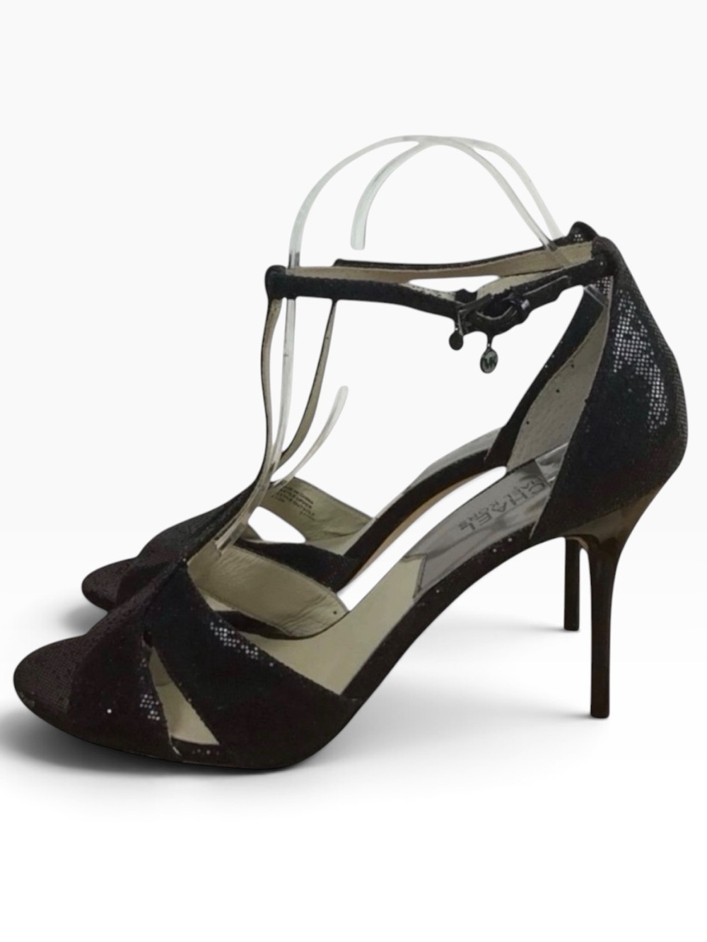 MICHAEL Kors heeled stiletto black glitter sandals ankle strap timeless size 8.5